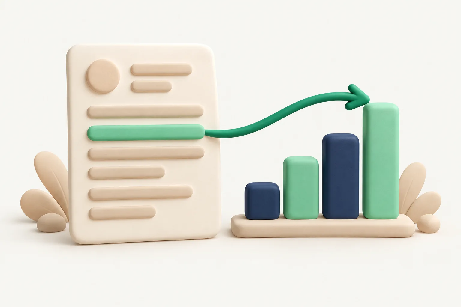 A clay resume page beside a small clay bar chart, with an emerald clay arrow linking one resume line to the tallest bar
