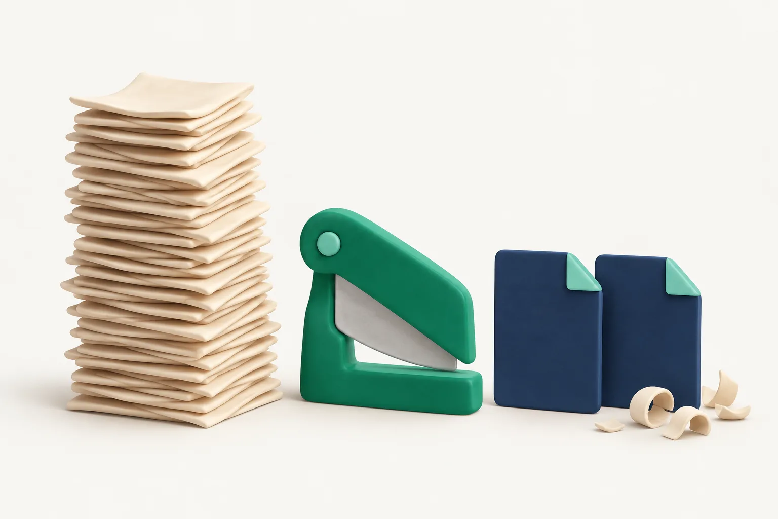 A tall clay stack of pages beside an emerald paper trimmer, with two neat navy pages and curled offcuts next to it, showing a resume cut to the right length