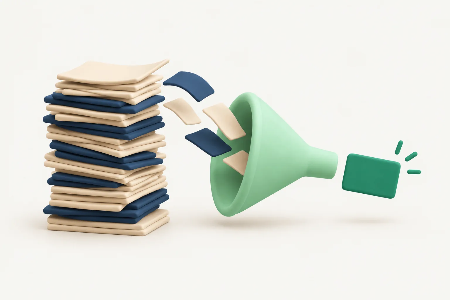 A tall clay stack of papers funnelling down into one small emerald card at the front, showing a whole career condensed into a short resume summary