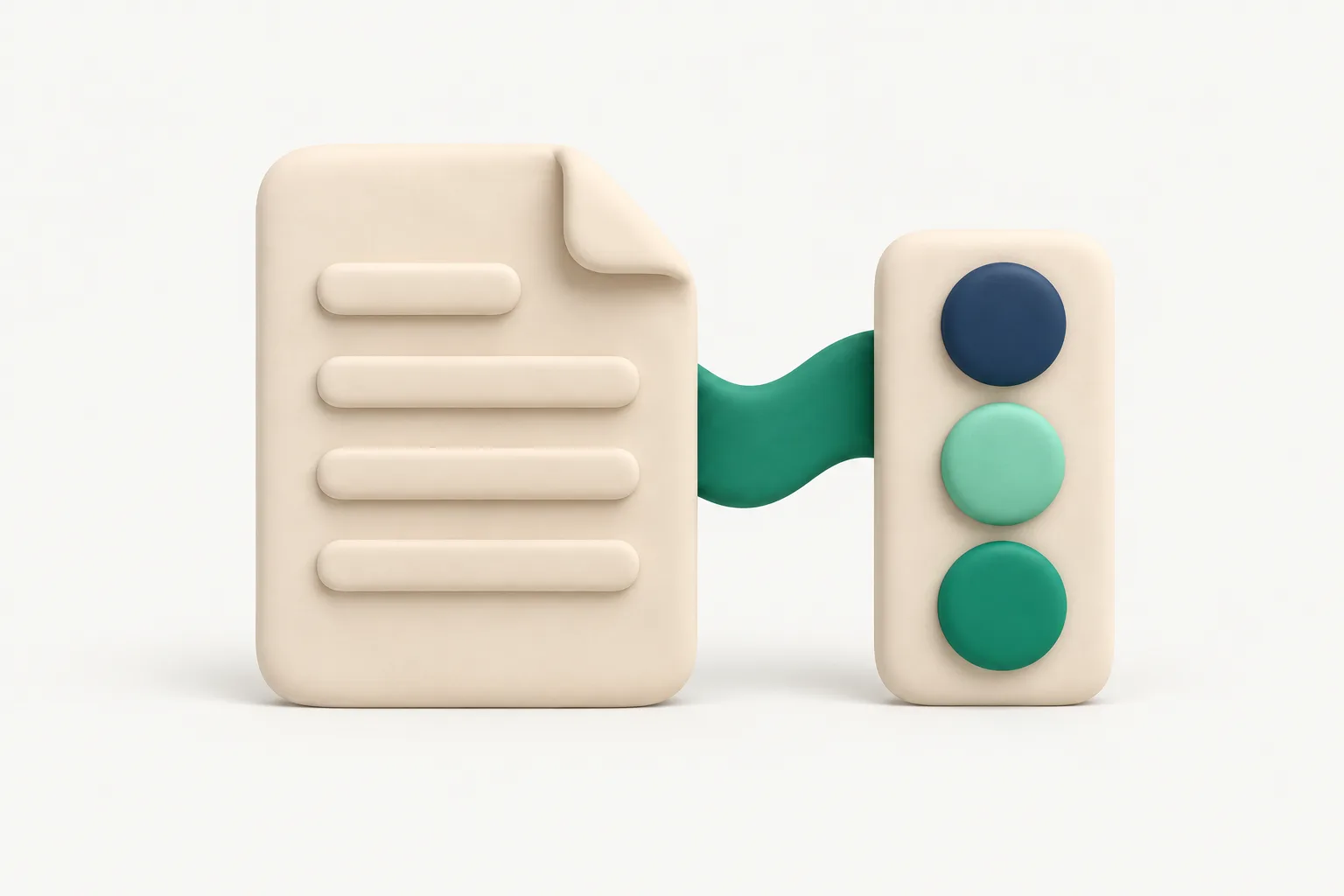 A clay document with three small round clay badges stacked beside it on a separate card, joined by a soft emerald ribbon, showing references kept on their own page apart from the resume