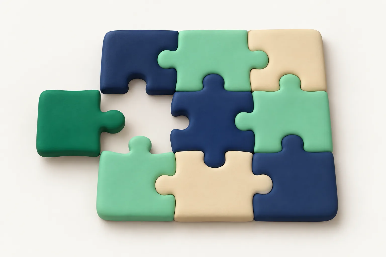 A clay puzzle board with one emerald piece sliding into the last gap